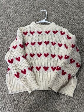 Ivory Heart-Pattern Knit Sweater with Red Hearts